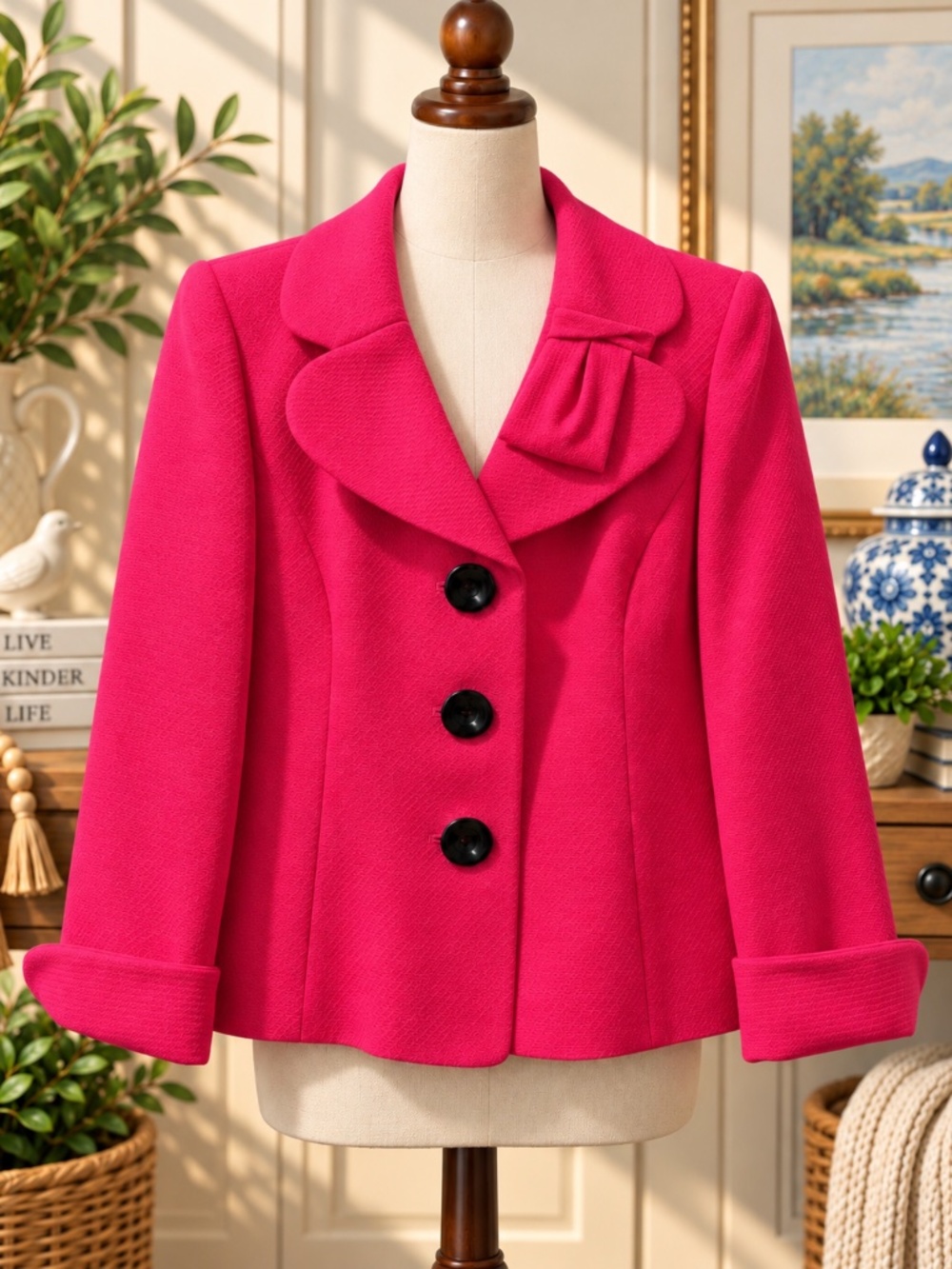 Le Suit Petite 10P Hot Pink Bow Collar Blazer Jacket